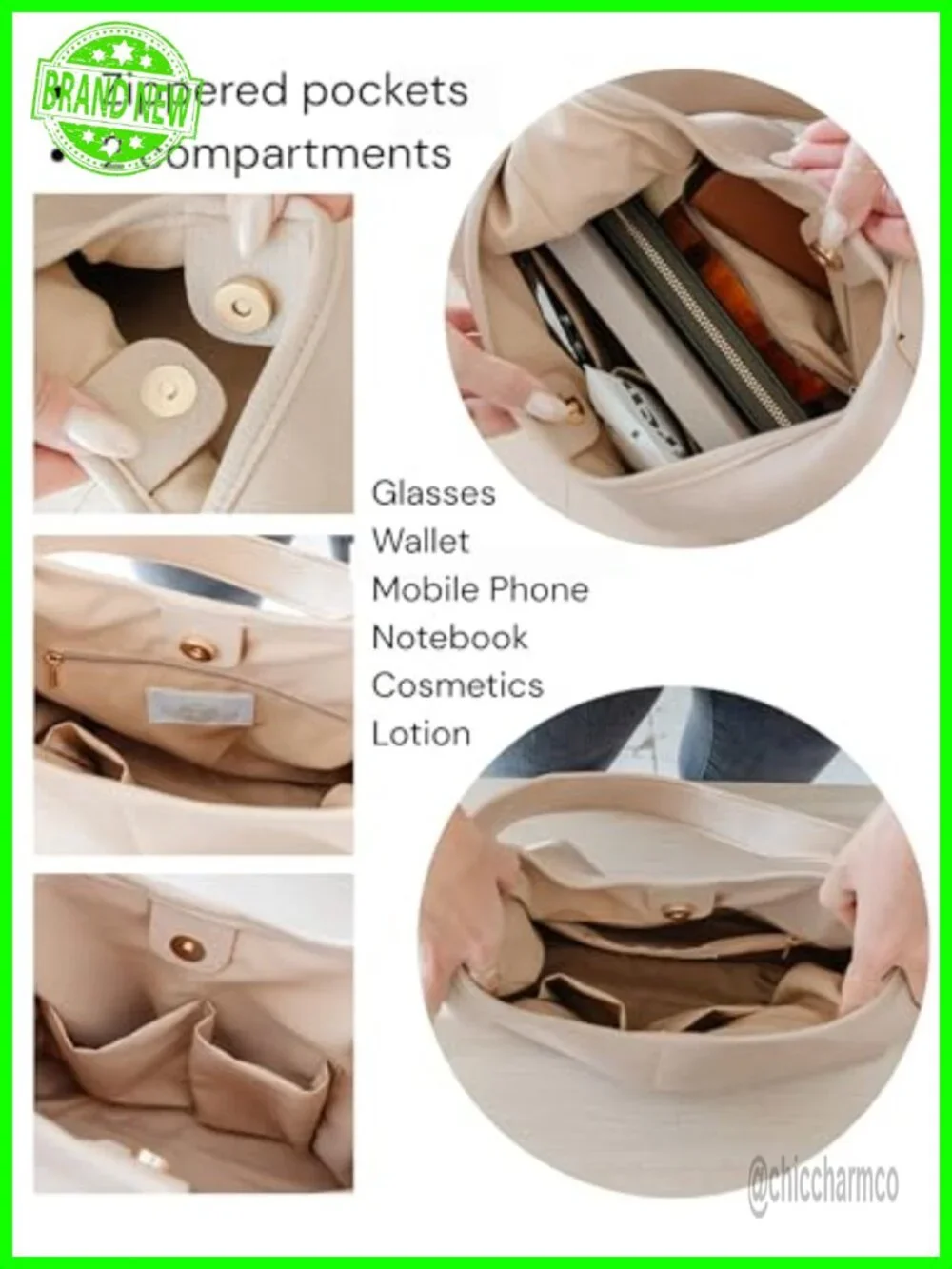 Vegan Leather Slouchy Hobo Bag with Zippered Pockets & Shoulder Strap